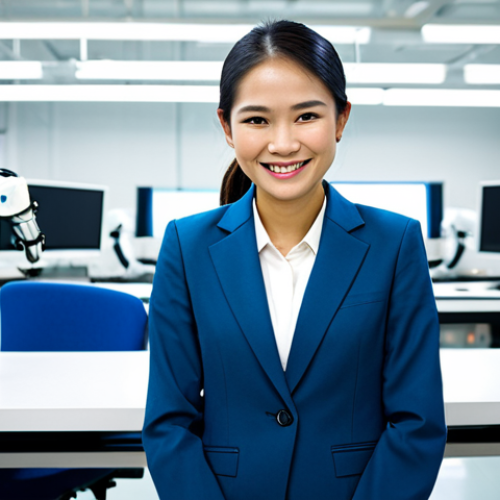 Home 14 **
"A Thai female engineer in a modern, fully clothed business suit, smiling confidently in a bright, high-tech robotics lab filled with advanced equipment. Appropriate attire, professional setting, safe for work. Perfect anatomy, correct proportions, natural pose, well-formed hands, proper finger count, natural body proportions. High quality, professional photography, sharp focus."
**
