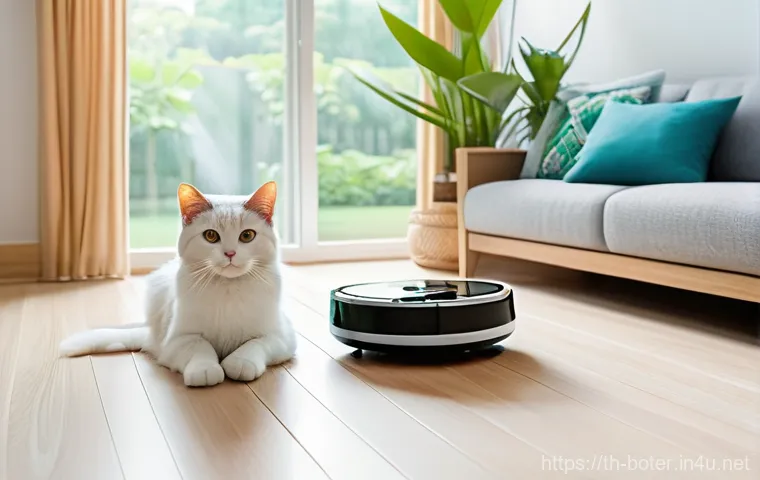 로봇기술사와 로봇 청소기 기술 - Prompt 1: Modern Thai Living Room with Robot Vacuum and Pet**