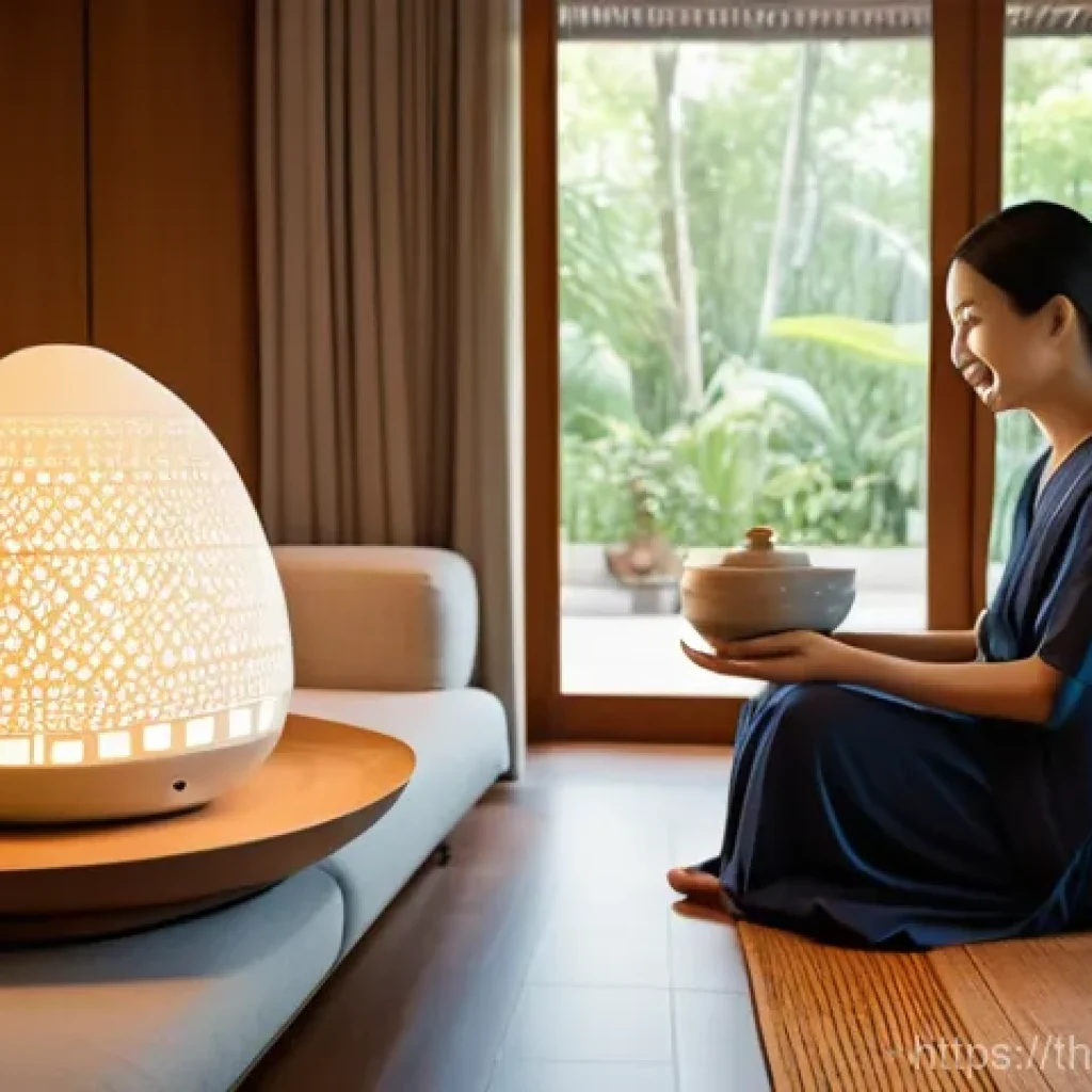 로봇기술사와 로봇 설계 도구 활용 - 5 meters tall with a smooth, minimalist metallic shell, stands in a bright, modern Thai home. The ro...