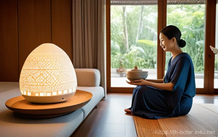 로봇기술사와 로봇 설계 도구 활용 - 5 meters tall with a smooth, minimalist metallic shell, stands in a bright, modern Thai home. The ro...