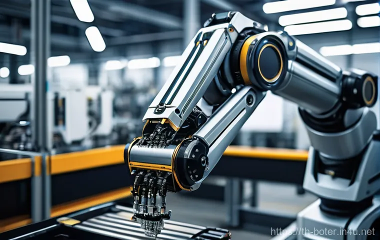 로봇기술사와 로봇 비전 시스템 - **Prompt 1: Advanced Robot Vision in a Modern Factory**
A highly detailed, close-up shot of a so...
