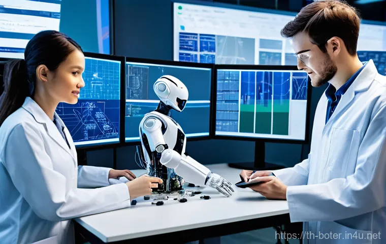로봇기술사와 로봇 비전 시스템 - **Prompt 1: Advanced Robot Vision in a Modern Factory**
    A highly detailed, close-up shot of a so...