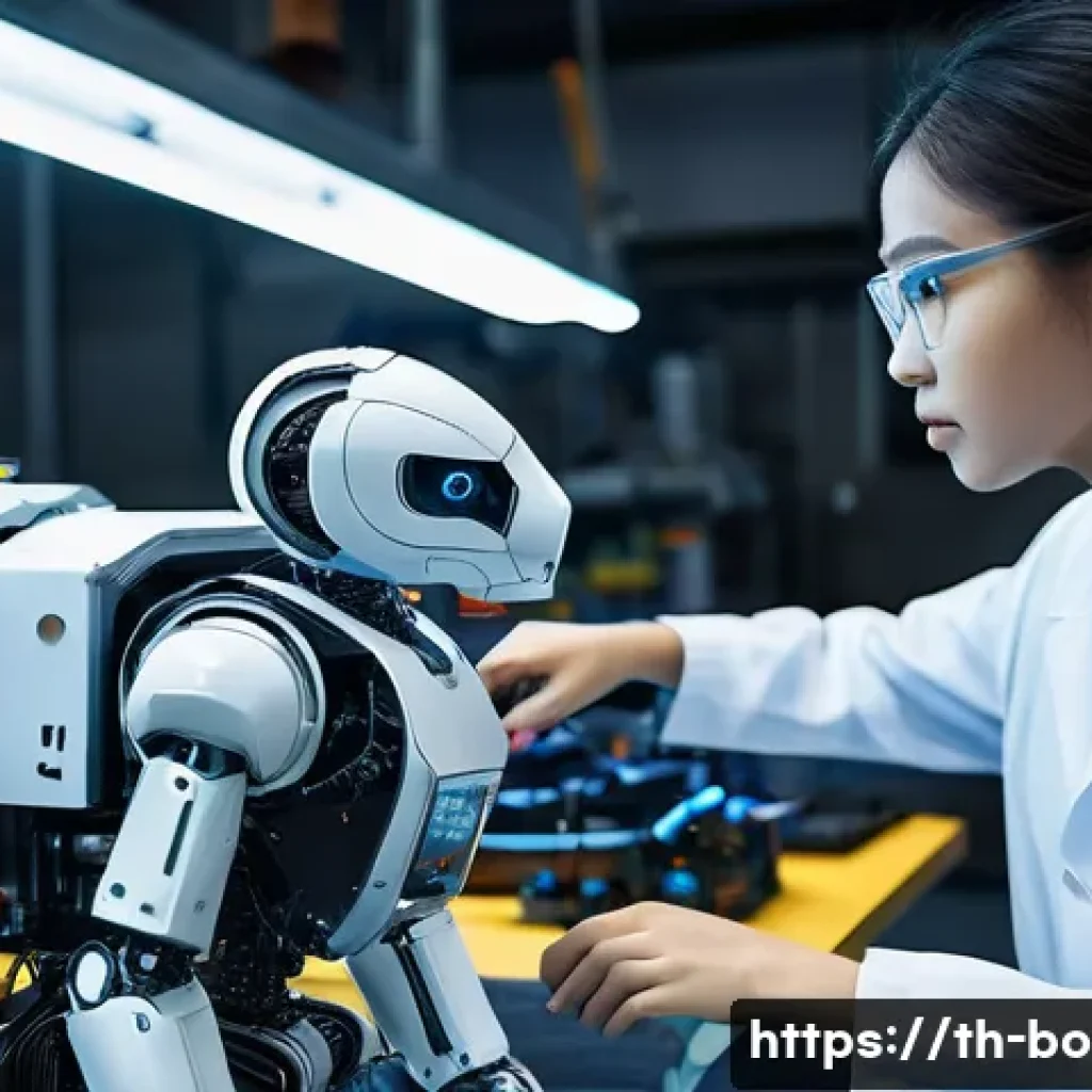 로봇기술사와 딥러닝 기반 로봇 제어 - **Prompt:** "A futuristic robotics lab in Bangkok, Thailand. A young female Thai engineer wearing sa...