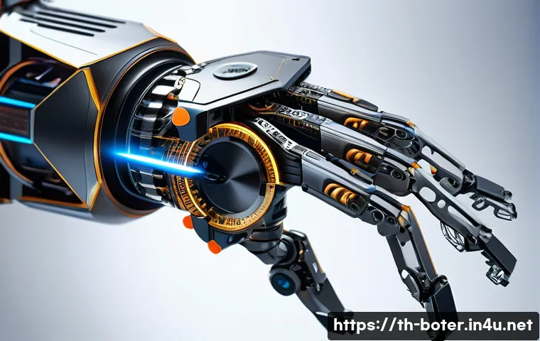 로봇기술사와 로봇 기구학 설계 - A close-up, high-detail render of a sophisticated robotic arm, showcasing its intricate internal mec...
