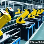 Home 21 로봇기술사와 PLC 프로그래밍 - A modern industrial factory interior featuring advanced automation systems: robotic arms (manipulato...