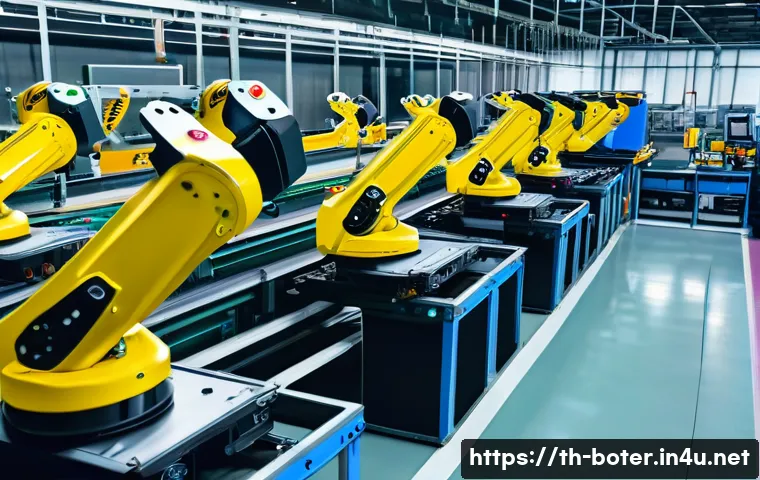 로봇기술사와 PLC 프로그래밍 - A modern industrial factory interior featuring advanced automation systems: robotic arms (manipulato...