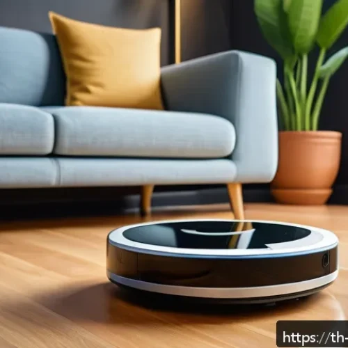 Home 32 로봇기술사와 로봇 혁신 사례 - A modern Thai household scene featuring a sleek, intelligent home cleaning robot navigating a spacio...