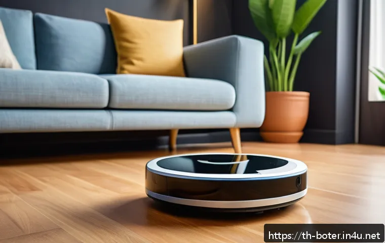 로봇기술사와 로봇 혁신 사례 - A modern Thai household scene featuring a sleek, intelligent home cleaning robot navigating a spacio...
