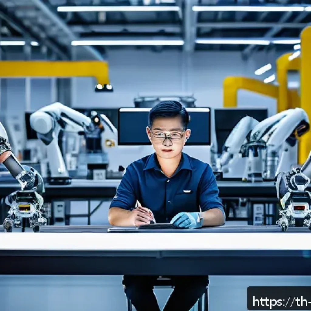 로봇기술사와 인간 로봇 협력 시스템 - A futuristic industrial factory scene in Thailand, featuring advanced collaborative robots and human...