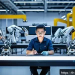 Home 19 로봇기술사와 인간 로봇 협력 시스템 - A futuristic industrial factory scene in Thailand, featuring advanced collaborative robots and human...