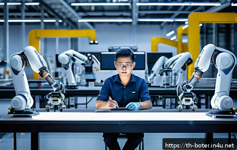 로봇기술사와 인간 로봇 협력 시스템 - A futuristic industrial factory scene in Thailand, featuring advanced collaborative robots and human...