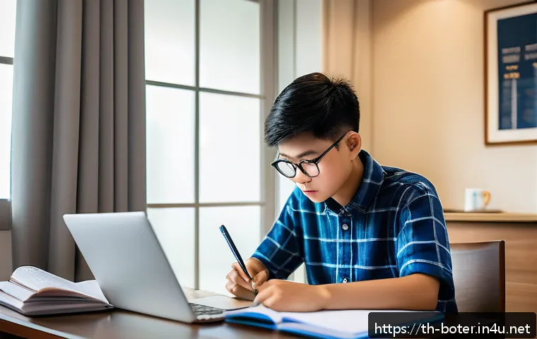 로봇기술사 자격증 독학 방법 - A focused young Thai student studying robotics exam preparation in a quiet, well-organized study cor...