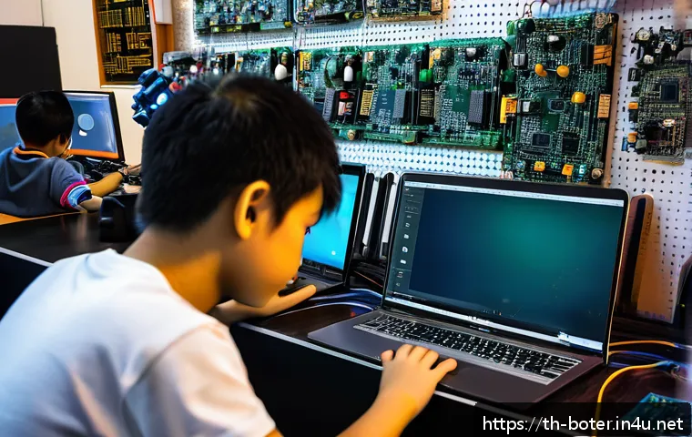 로봇기술사와 효율적인 학습 전략 - A detailed scene of a young Thai robotics enthusiast sitting at a modern workspace filled with elect...