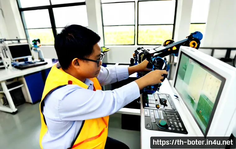 Home 17 로봇기술사 실기 시험 문제 유형 - Photorealistic Thai vocational robotics practical examination workshop, focused adult examinee weari...