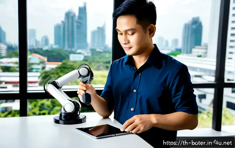 로봇기술사 이직 성공 전략 - Photorealistic Thai robotics engineer in a smart casual office outfit, confidently reviewing a portf...