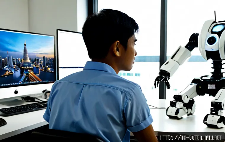 Home 17 로봇기술사와 로봇 시뮬레이션 소프트웨어 - Photorealistic Thai robotics engineer wearing a neat work shirt, seated at a modern Bangkok engineer...