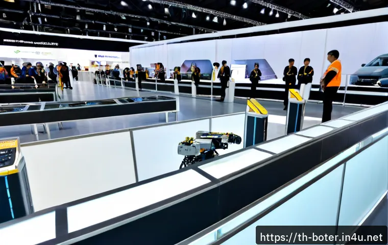 Home 17 로봇기술사와 국제 로봇 전시회 정보 - Photorealistic wide-angle scene inside a major international robotics exhibition in Bangkok, Thailan...